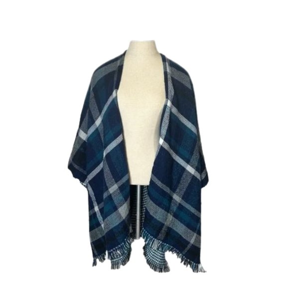 Steve Madden Blue Reversible Plaid Shawl Poncho Cape - Picture 1 of 10